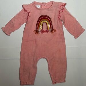 Mud Pie Baby Pink Gauze Romper with Rainbow Embroidery Size 9-12M